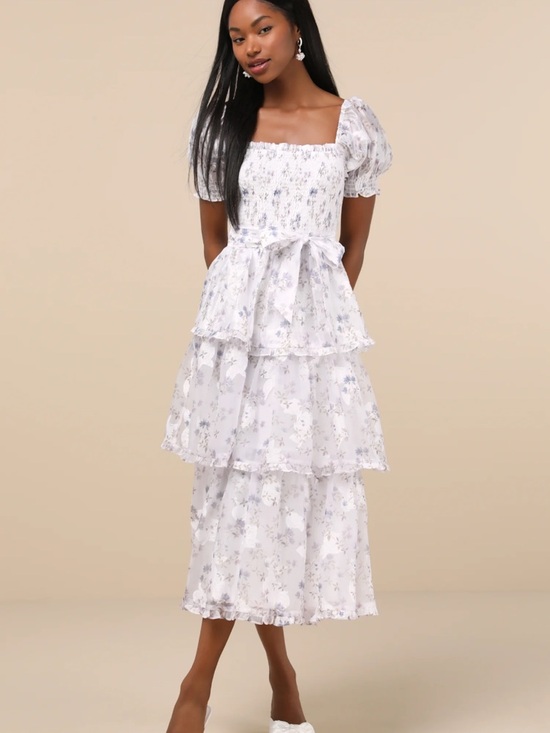 Lulus Dresses & Skirts - New Lulus Darling Posture White Floral Tiered Midi Dress with Puff Sleeves Sz XS